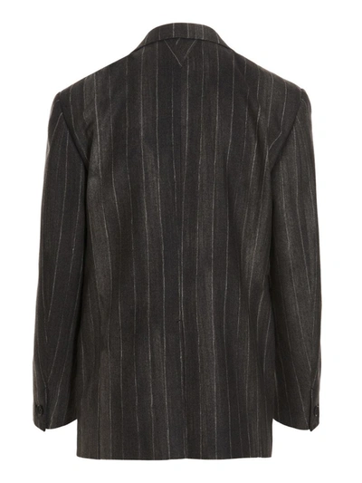 Shop Versace 'croc Pinstripe' Blazer Jacket In Gray