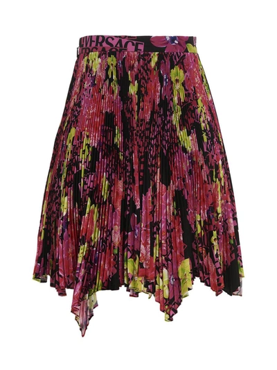 Versace Multicolor Asymmetric Pleated Mini-skirt With Logo Orchid Print In Polyester Woman In Multicolor