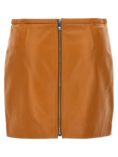 Shop Versace Mini Leather Skirt In Brown