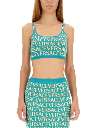 Shop Versace Short Knit Top In Azure