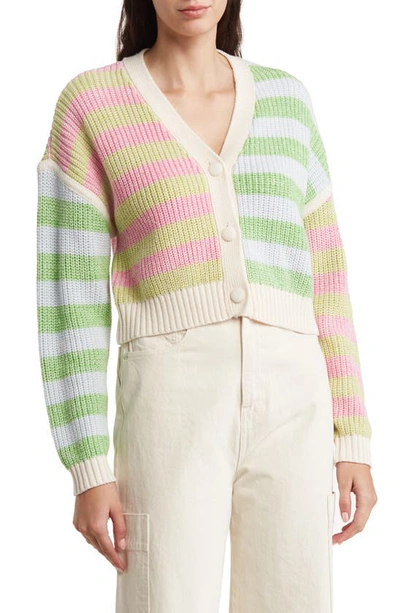 Shop Lush Stripe Button Front Crop Cardigan In Pink Green Multi