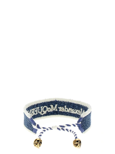 Shop Alexander Mcqueen Logo Embroidery Denim Bracelet Jewelry Blue