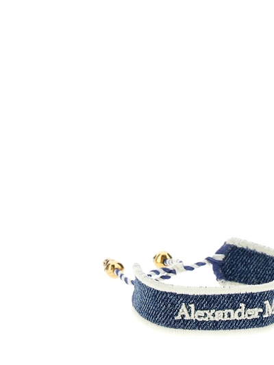 Shop Alexander Mcqueen Logo Embroidery Denim Bracelet Jewelry Blue