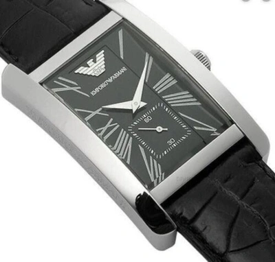 Pre-owned Emporio Armani Ar0143 Black Dial Leather Strap Rectangular Men's Watch Genuine