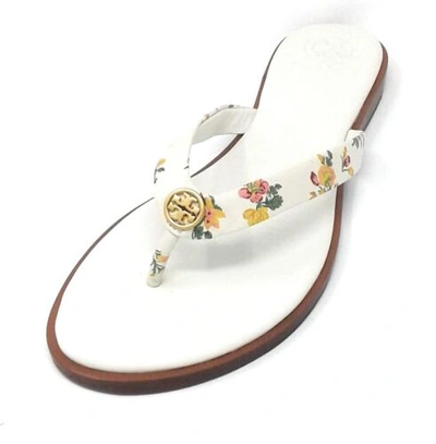Pre-owned Tory Burch Women's Benton Thong Sandals Flats In Leather (rose Floral - Rolled In Gold