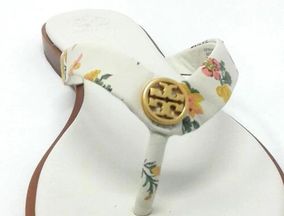 Pre-owned Tory Burch Women's Benton Thong Sandals Flats In Leather (rose Floral - Rolled In Gold