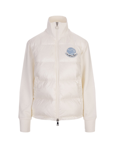 Shop Moncler White Cardigan With Zip And Logo Patch