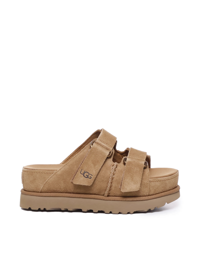 Shop Ugg Suede Sandals With Velcro Buckles In Beige