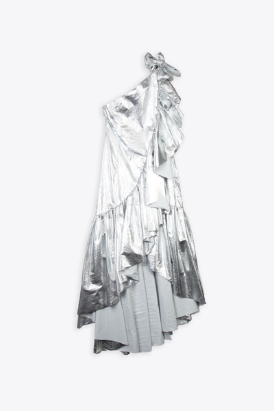 Shop Mm6 Maison Margiela Abito Midi Metallic Silver Nylon One Shoulder Dress In Argento