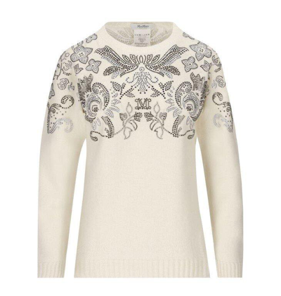 Shop Max Mara Embellished Knit Sweater In Bianco