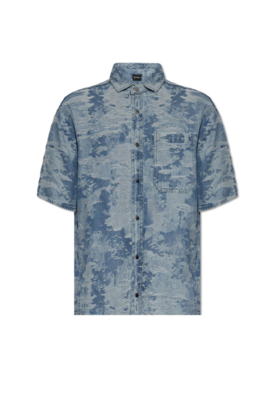 Shop Emporio Armani Denim Shirt With Short Sleeves In Azzurro