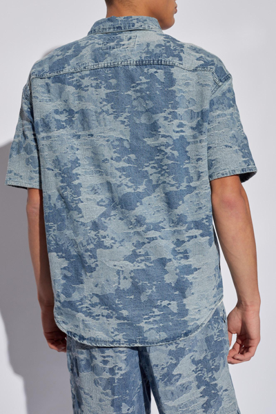 Shop Emporio Armani Denim Shirt With Short Sleeves In Azzurro