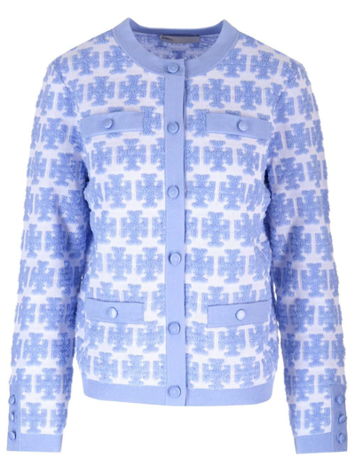 Shop Tory Burch Double T-monogram Knit Cardigan In Blu