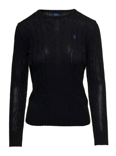 Shop Polo Ralph Lauren Black 'julianna' Crewneck T-shirt With Braided Texture In Cotton Woman