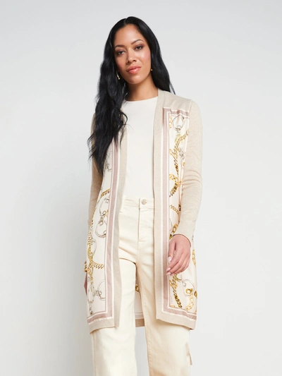 Shop L Agence Beverly Silk Panel Cardigan In Crema/ecru Multi Oversized Chain Scarf