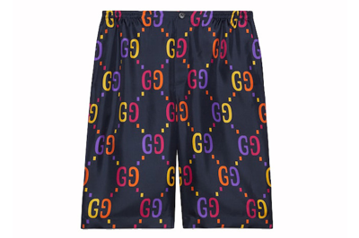 Pre-owned Gucci Jumbo Gg Silk Shorts Dark Blue Multi
