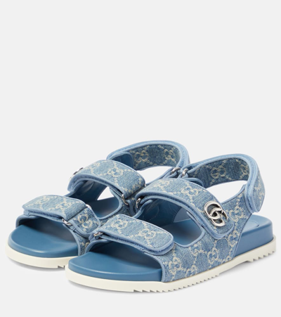 Gucci Denim Sandals With Embroidered And Contrast Sole In Blue