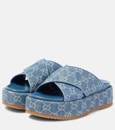 Shop Gucci Angelina Gg Denim Platform Sandals In Blue