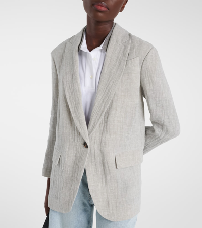 Shop Brunello Cucinelli Oversized V-neck Linen-blend Blazer In Grey