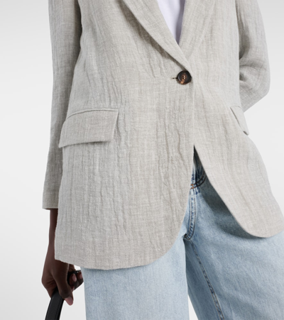 Shop Brunello Cucinelli Oversized V-neck Linen-blend Blazer In Grey