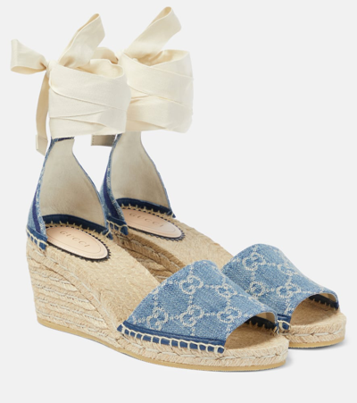 Shop Gucci Pilar Gg Denim Espadrille Wedges In Blue