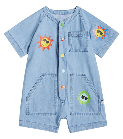 Shop Stella Mccartney Baby Printed Denim Playsuit In Blue