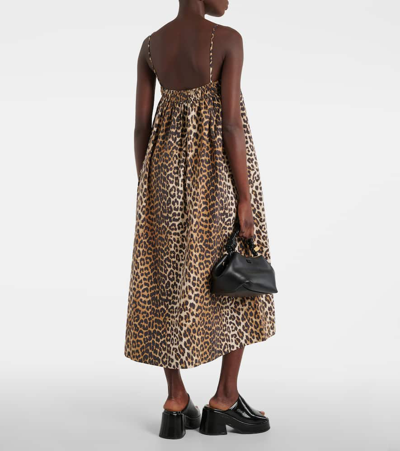 Shop Ganni Leopard-print Cotton Midi Dress In Brown