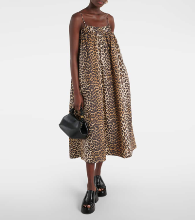 Shop Ganni Leopard-print Cotton Midi Dress In Brown