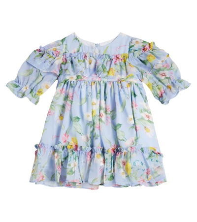 Shop Patachou Baby Floral Embroidered Dress In Blue