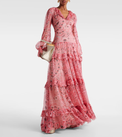 Shop Etro Ruffled Tiered Paisley Silk Gown In Pink