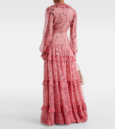Shop Etro Ruffled Tiered Paisley Silk Gown In Pink