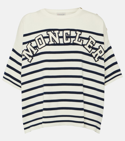 Shop Moncler Logo Striped Cotton T-shirt In Blue