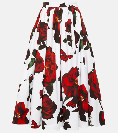 Shop Alexander Mcqueen Pleated Floral Cotton Midi Skirt In White