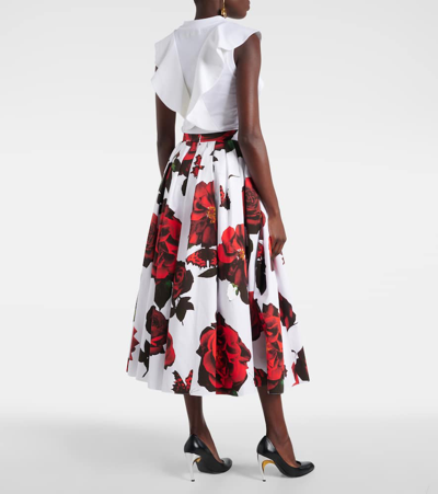 Shop Alexander Mcqueen Pleated Floral Cotton Midi Skirt In White