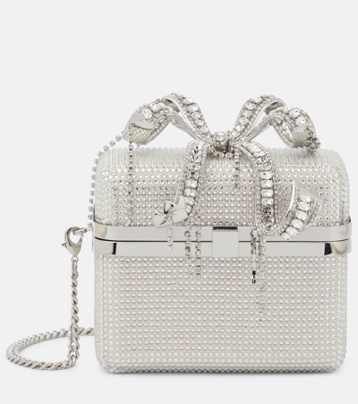 Shop Self-portrait The Bow Micro Embellished Tote Bag In Silver