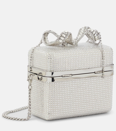 Shop Self-portrait The Bow Micro Embellished Tote Bag In Silver