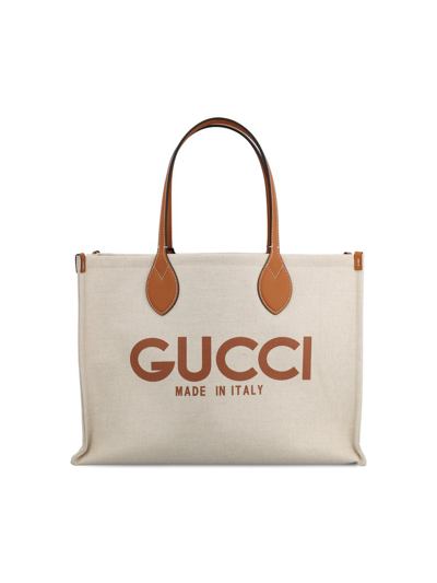 Shop Gucci Logo Printed Tote Bag In Beige
