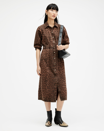 Shop Allsaints Osa Leopard Print Denim Dress In Animal Brown