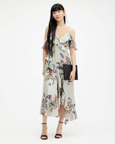 Shop Allsaints Orion V-neck Floral Print Midi Dress In Taupe Grey