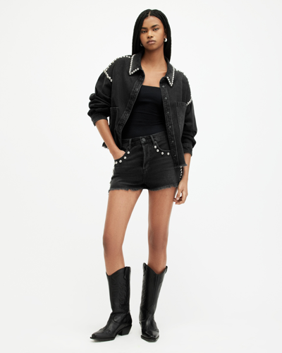 Shop Allsaints Heidi Studded Slim Fit Denim Shorts In Washed Black