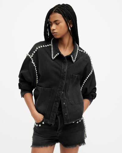 Shop Allsaints Nicky Studded Denim Shirt Jacket In Washed Black