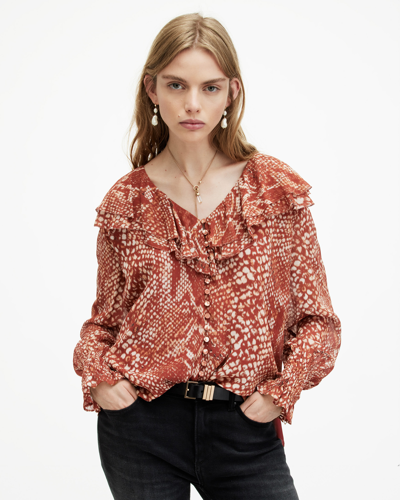 Shop Allsaints Phoebe Waimea Animal Print Frill Top In Red Clay
