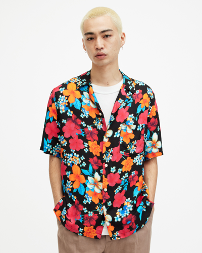 Shop Allsaints Spiros Floral Print Relaxed Fit Shirt In Jet Black