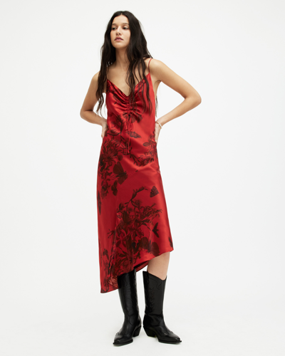 Shop Allsaints Alexia Silk Blend V-neck Midi Slip Dress In Rust Red