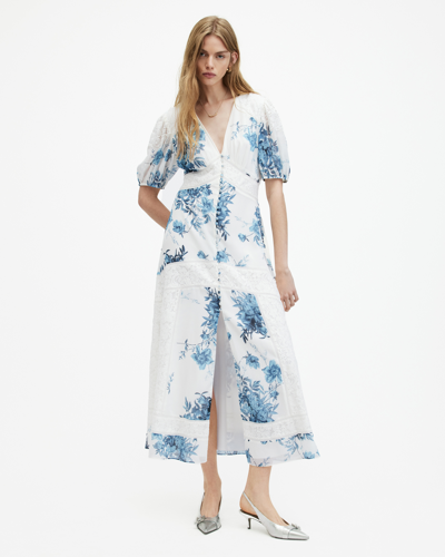 Shop Allsaints Dinah Dekorah Lace Floral Maxi Dress In Denim Blue