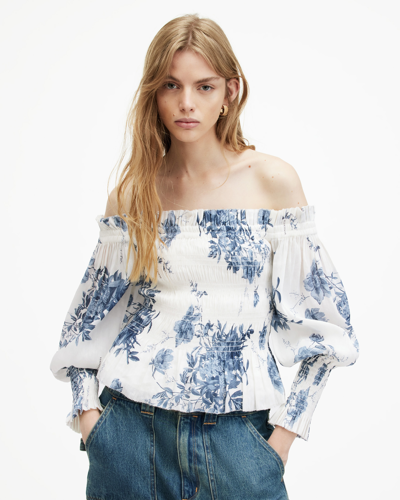 Shop Allsaints Lara Linen Silk Blend Floral Print Top In Denim Blue