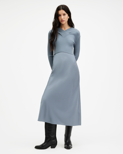 Shop Allsaints Hana 2-in1 Slim Fit Midi Slip Dress In Dark Denim Blue
