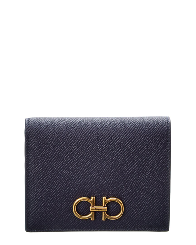Shop Ferragamo Gancini Leather Compact French Wallet In Blue