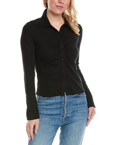 Shop Stateside 2x1 Rib Henley Collared Bell-sleeve Top In Black