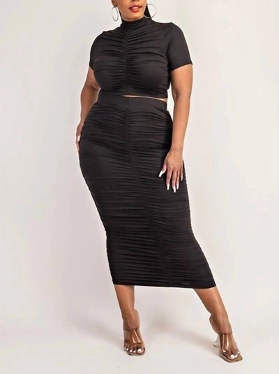 The Curve Two Piece Short Sleeve Ruched Top And Skirt Set In Black In Black
